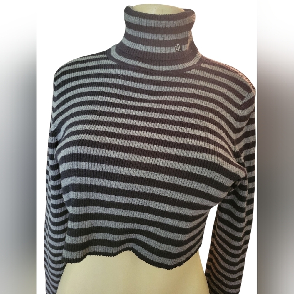 Lauren Ralph Lauren Green Label Black and Gray Ribbed Crop Top TurtleNeck - Picture 2 of 4
